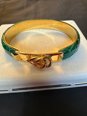 Vintage Mannelli Florence 24k Gold Plated Green Snakeskin Bangle Bracelet